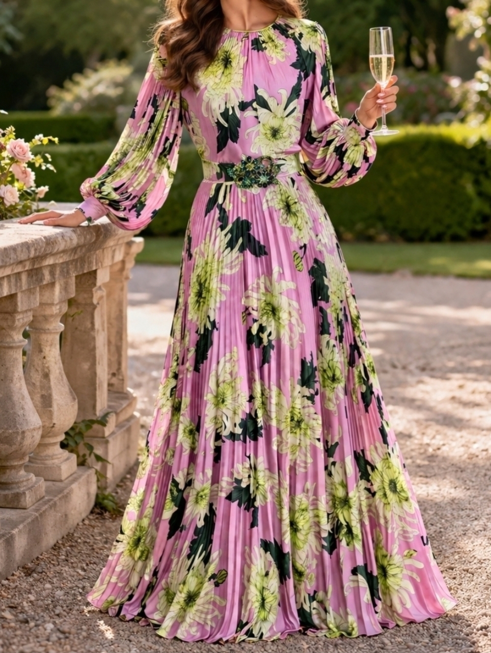 Andrew Gn Silk Floral Pleated Gown Embellished Belt Maxi Dress Luxury Designer - Picture 3 of 16